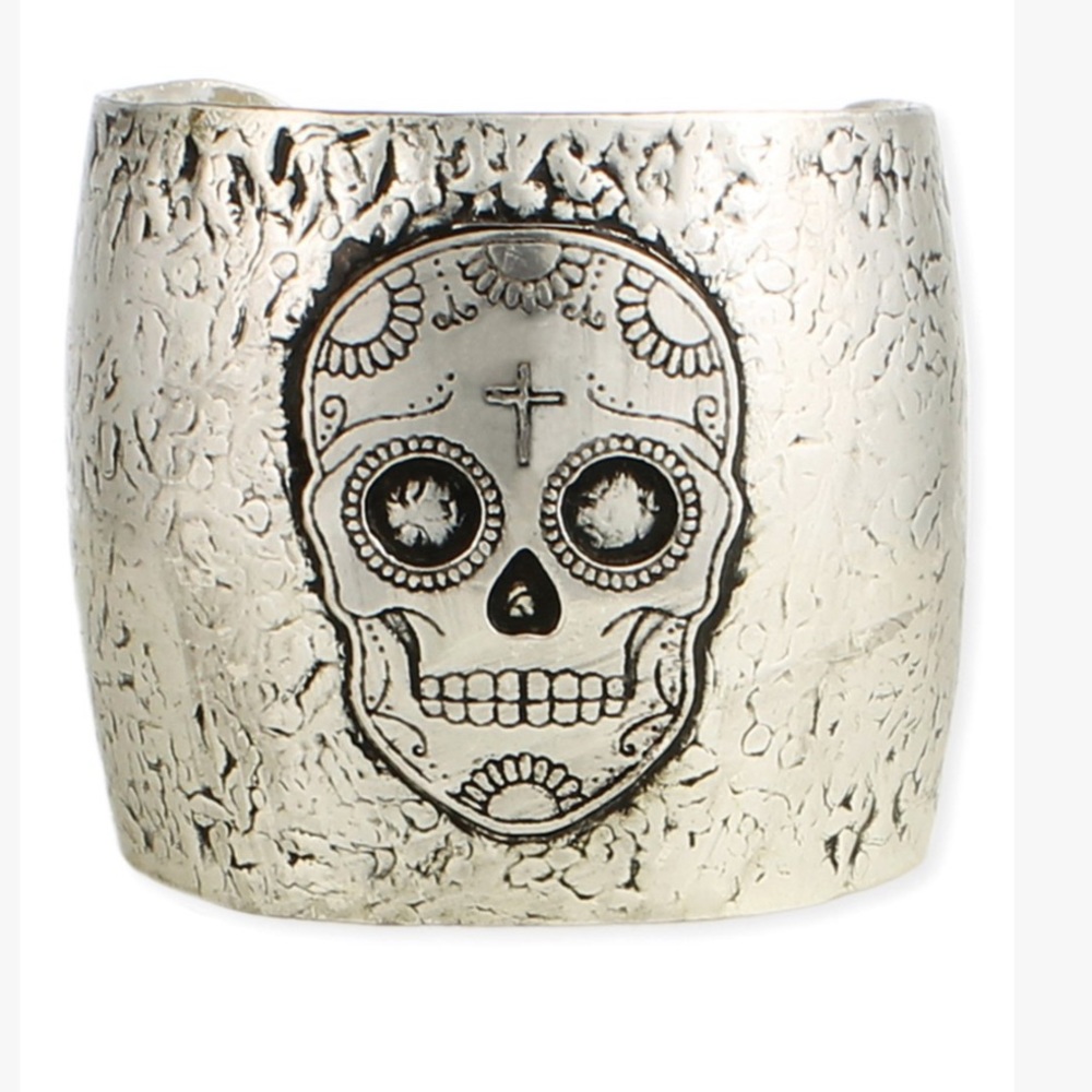 ZAD-Silvertone Calavera Open Cuff antiqued/distressed adorned w/ sugar skull